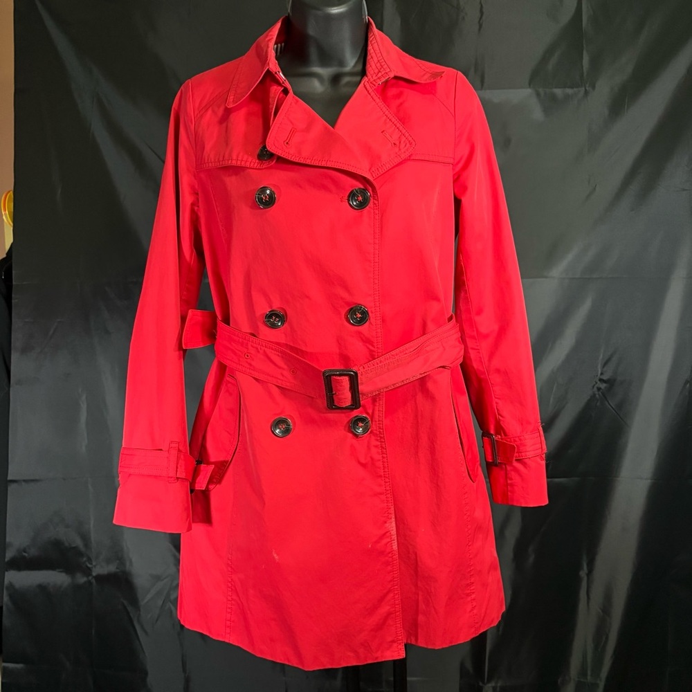 Women's Red Double-Breasted Trench Coat Sz S - Picture 2 of 16